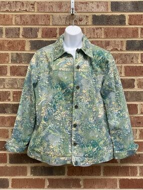 Tanjay Green Floral Botanical Cotton Jean Jacket - Size M